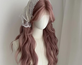 7x9cm Hand-Tied Lace Front Synthetic Wig – Pastel Pink Water Wave with 3D Roots, Adjustable Cap & Freestyle Parting for Youthful Vibes