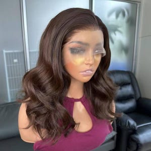 Luxury Long - Wavy Dark Brown Lace Front Wig,High - Quality Synthetic Fibers for a Natural,Realistic Hairline, Soft Curls B ounce Gracefully