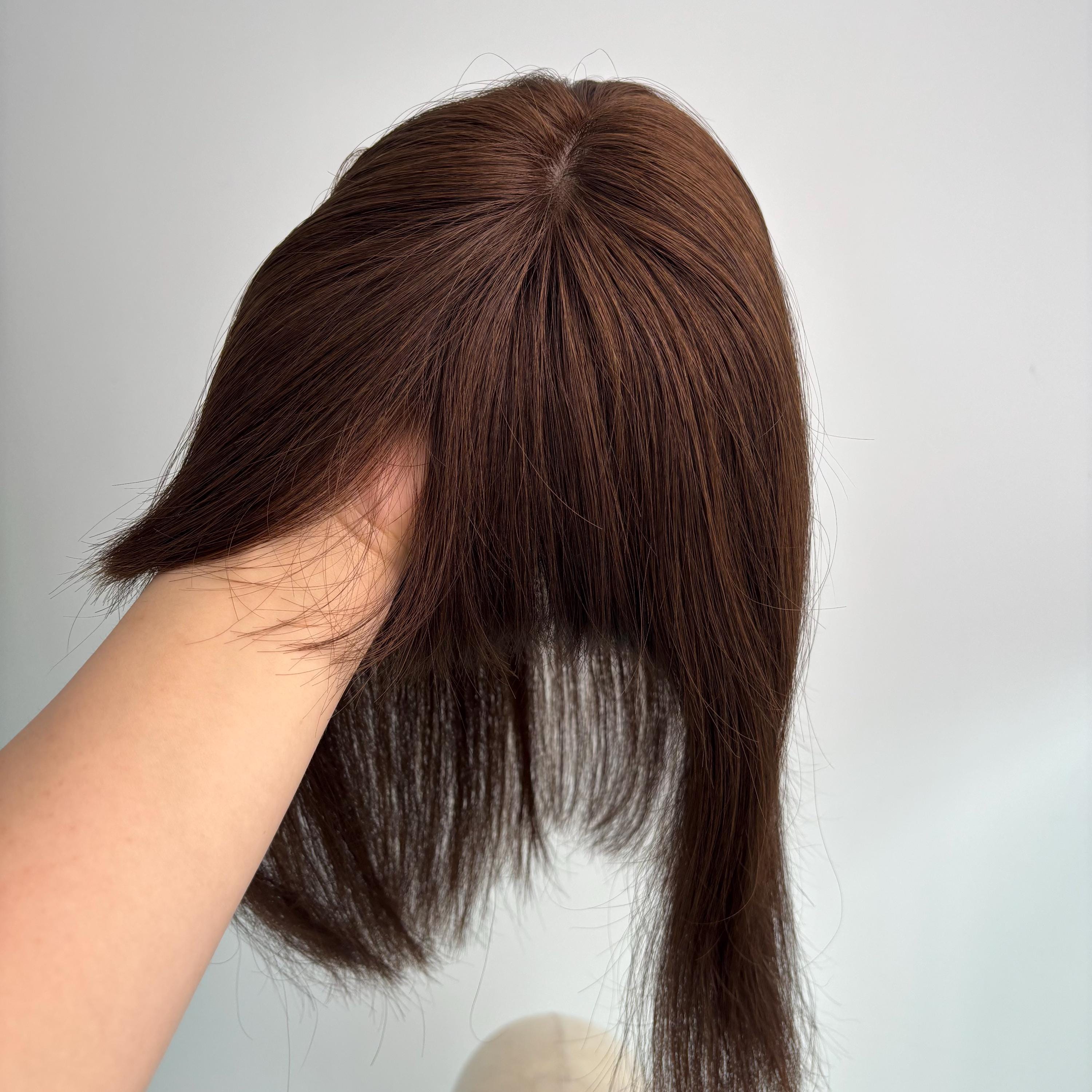 Human Hair Topper with Bangs for Thinning Hair, Silk Base, 5.1x2.7 Inch Amazon.com : Rich Choices 100% Remy Human Hair Topper for  main image 2