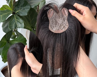 Aplique de cabelo 100% humano com base de renda rosa, peça volumizadora para cabelos ralos, 8 x 11 cm