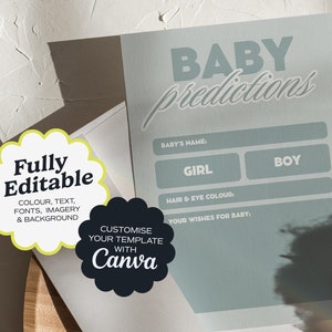 Plantilla de juego de predicción para baby shower / Tamaños A5 y 5 x 7 pulgadas / Personalizable en Canva / Actividad divertida para invitados / Recuerdo único / Deseos para el bebé