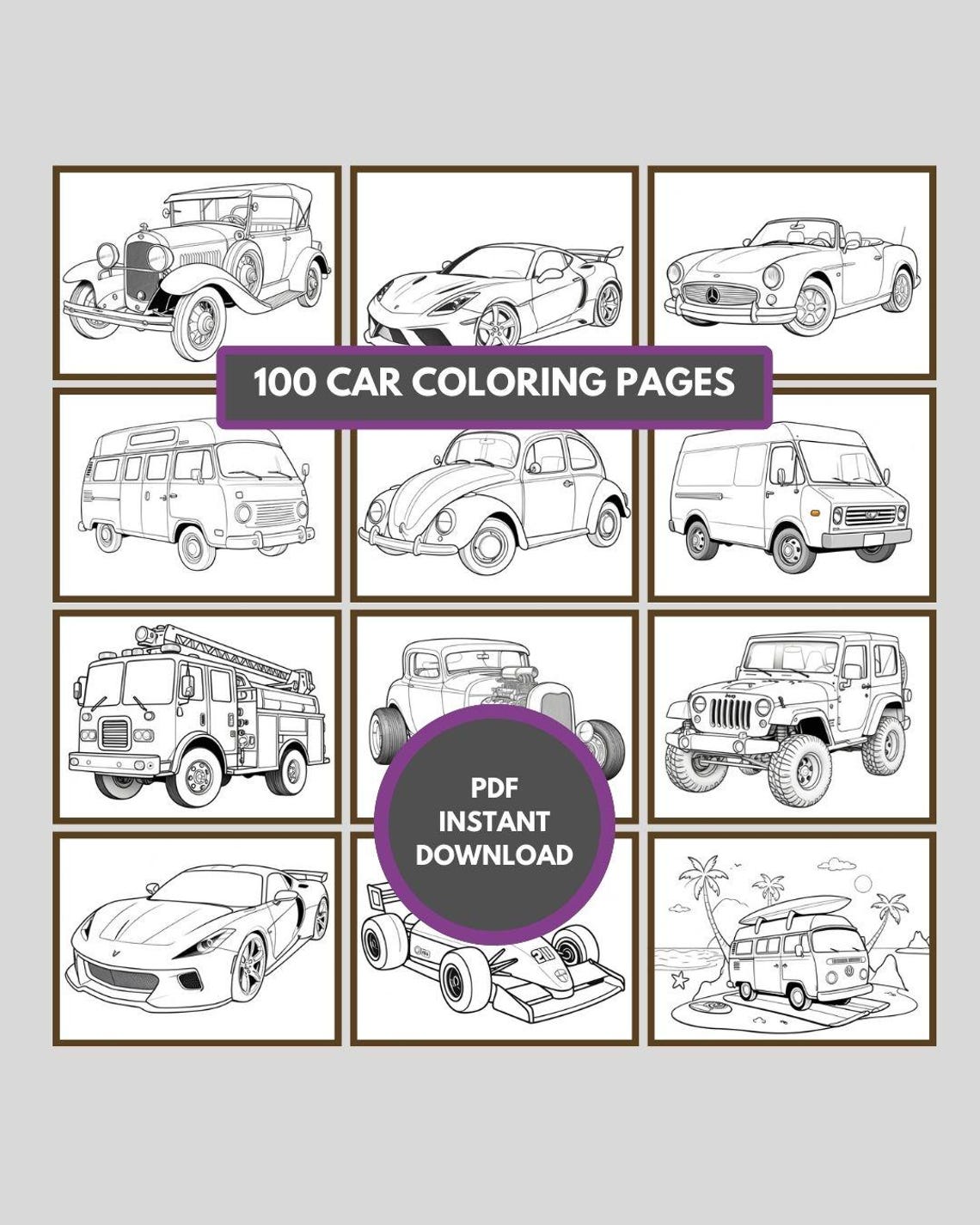 100 Cars Coloring Book: Easy Designs for Kids & Teens (PDF) - Etsy