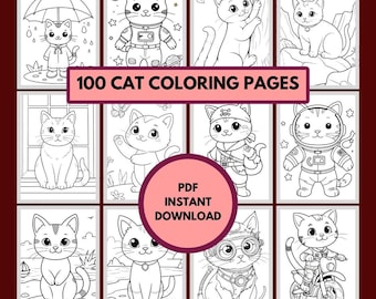Dibujos de gatos para colorear (imprimibles y descargables): 100 dibujos de gatos para colorear. Diseños divertidos de animales para niños, adolescentes y adultos. Hojas para colorear de gatos.