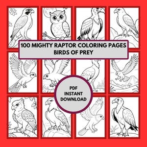 May include: A set of 100 coloring pages featuring different types of birds of prey, including owls, hawks, eagles, and falcons. The pages are black and white and ready to be colored. The text "100 MIGHTY RAPTOR COLORING PAGES BIRDS OF PREY" is at the top of the image. The text "PDF INSTANT DOWNLOAD" is in the center of the image.