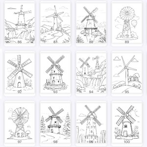 May include: A set of 10 black and white coloring pages featuring windmills. Each page has a different windmill design with various surrounding elements, such as trees, houses, and clouds.