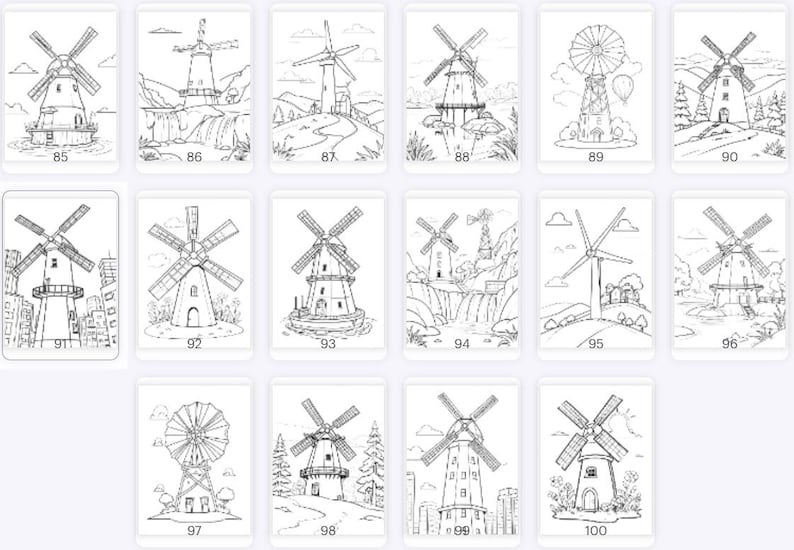 May include: A set of 10 black and white coloring pages featuring windmills. Each page has a different windmill design with various surrounding elements, such as trees, houses, and clouds.