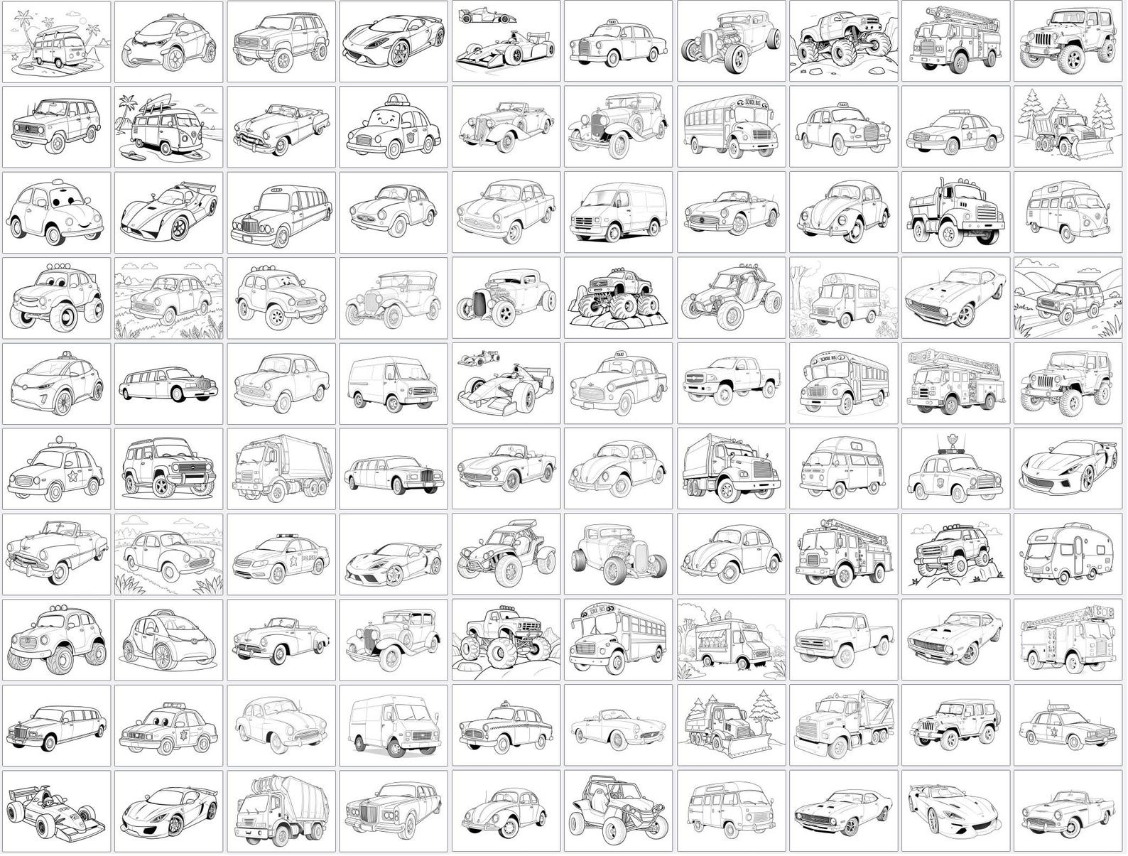100 Cars Coloring Book: Easy Designs for Kids & Teens (PDF) - Etsy