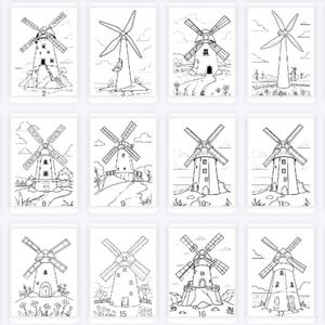 May include: A set of 18 black and white coloring pages featuring windmills. Each page has a different design of a windmill with various details, such as blades, a tower, and a roof.