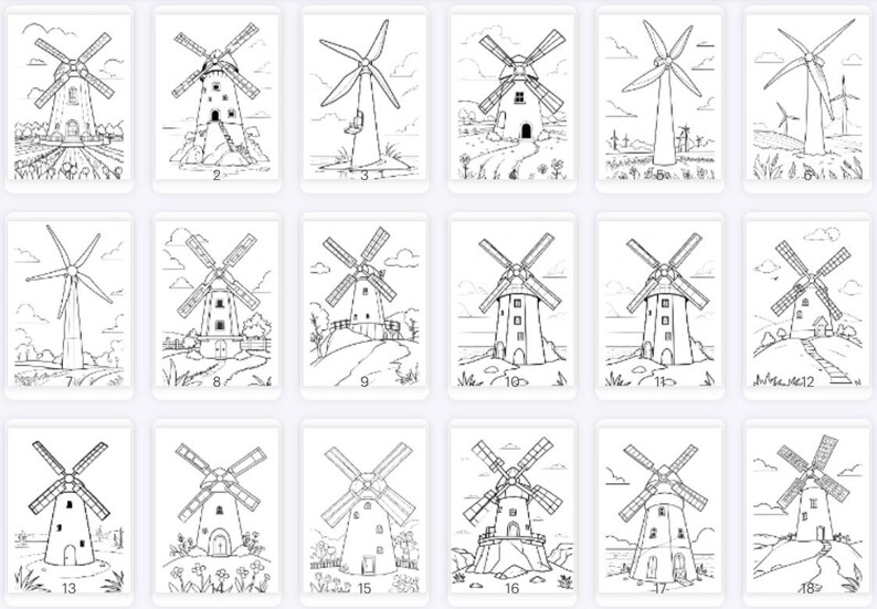 May include: A set of 18 black and white coloring pages featuring windmills. Each page has a different design of a windmill with various details, such as blades, a tower, and a roof.