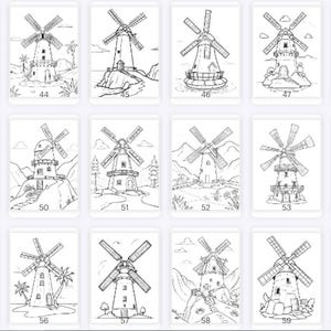 May include: A set of 60 black and white coloring pages featuring windmills. Each page has a different design of a windmill with surrounding scenery.