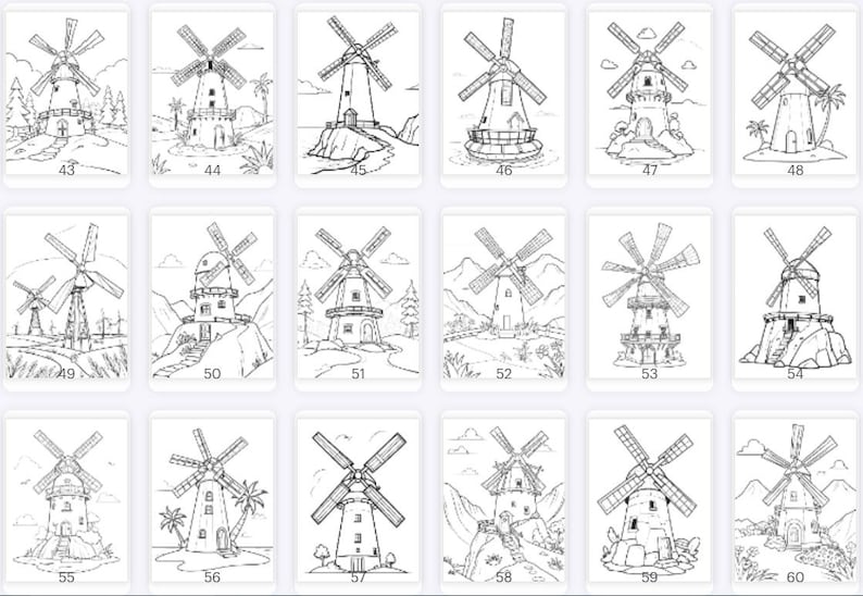 May include: A set of 60 black and white coloring pages featuring windmills. Each page has a different design of a windmill with surrounding scenery.