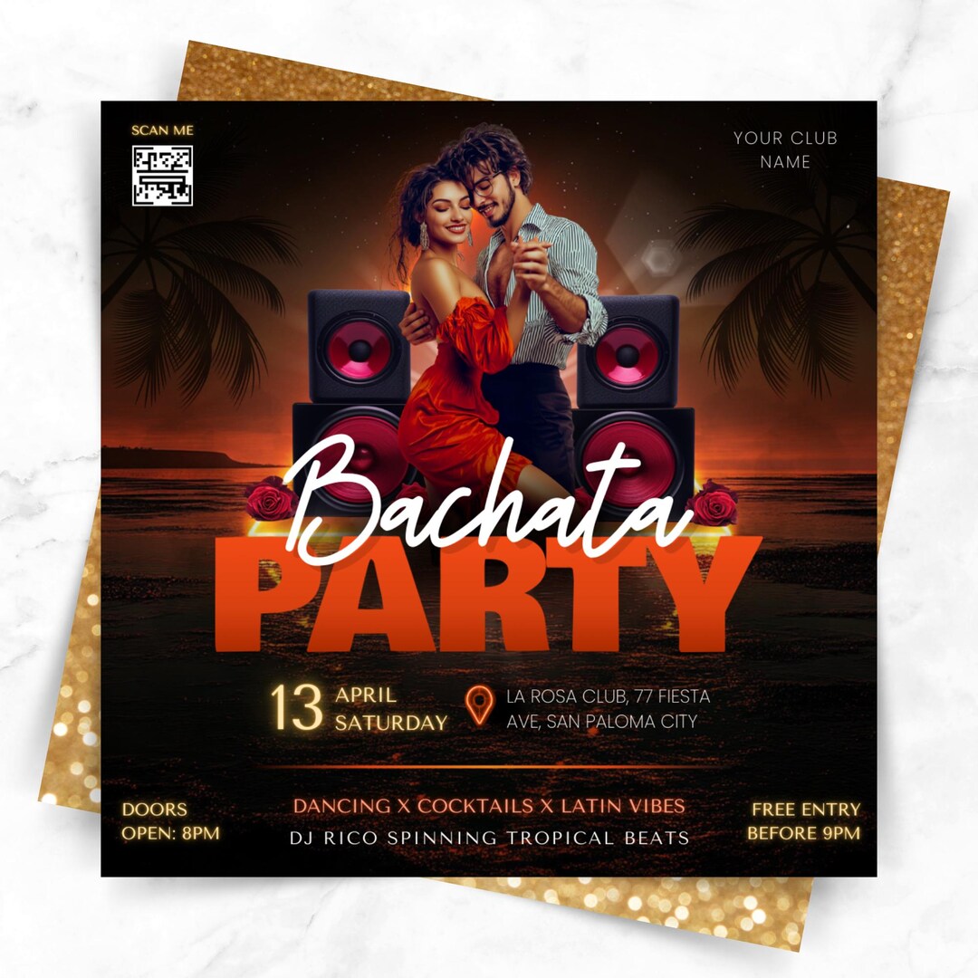 Bachata Party Flyer Template, Latin Dance Night Editable Canva Poster ...