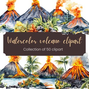 Watercolor Volcano Clipart, Volcanic Mountain Clipart, Erupting PNG, Volcano Illustration, Commercial Use, Transparent, Digital Download