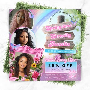 Spring Sales Flyer, Editable Canva Template for Hair Nails Braids, Pink Spring Promo Flyer Design, Beauty Sale Flyer for Social Media Posts