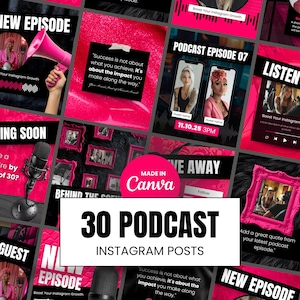 Bold Podcast Instagram Templates, 30 Instagram Post Designs, Canva Editable, Podcast Promo, Black&Pink Aesthetic, Podcast Instagram Template