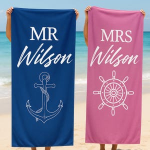 Custom Beach Towels Mr. and Mrs, Bride Personalized Beach Towel, Couple Pool Towel, Wedding Gift for Couple, Groom Gift Beach Bachelorette