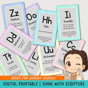 May include: A collection of colorful flashcards with the alphabet and related words like "Zealous" and "Holy." Each card has a pastel border and includes a Bible verse. The text "GREAT FOR SUNDAY SCHOOL!" is also visible.