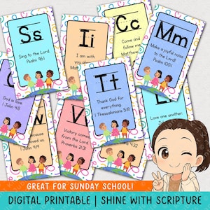 May include: A collection of colorful alphabet cards with Bible verses and illustrations of children holding hands. Each card features a letter, a corresponding verse, and a drawing of children. The cards are designed for Sunday school.