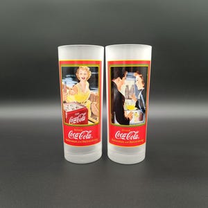 Set of 2 Frosted Coca-Cola Glasses / Vintage White Coke Tumblers / Retro Drinkware / Collectible Coca-Cola Decor / Gift for Him or Her