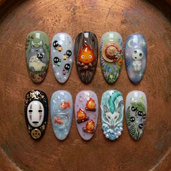 Handmade Studio Ghibli Press On Nails | Anime Totoro Calcifer No Face Haku Nail Art | Almond Nails for Kawaii Fantasy Fan