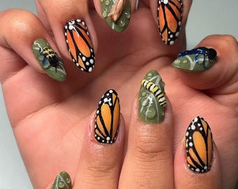 3D Nature Bug Press On Nails: Butterfly, Ladybug & Frog - Forest Fantasy