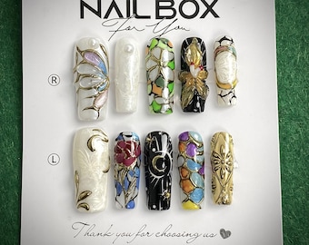 3D Butterfly Press On Nails: Stained Glass Floral Nail Art