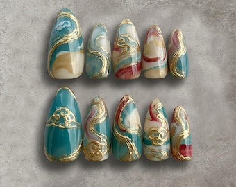 Hand-Painted Japanese Marble Press-On Nails – Teal, Gold Chrome Clouds