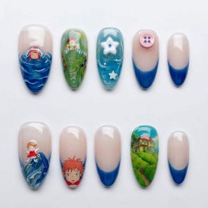 Magical Ocean Anime Press On Nails - Handmade Custom Fake Nails - Seaside Cliff House 3D Star Button - Blue Wave French Tip