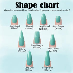 K&ouml;nnte beinhalten: Eine Nagelformtabelle mit neun t&uuml;rkisfarbenen Nagelspitzen, beschriftet als Short Round 16 mm, Almond 24 mm, Long Round 24 mm, Short Square 16 mm, Stiletto 32 mm, Long Square 25 mm, Short Coffin 27 mm, Long Oval 28 mm und Long Coffin 32 mm.