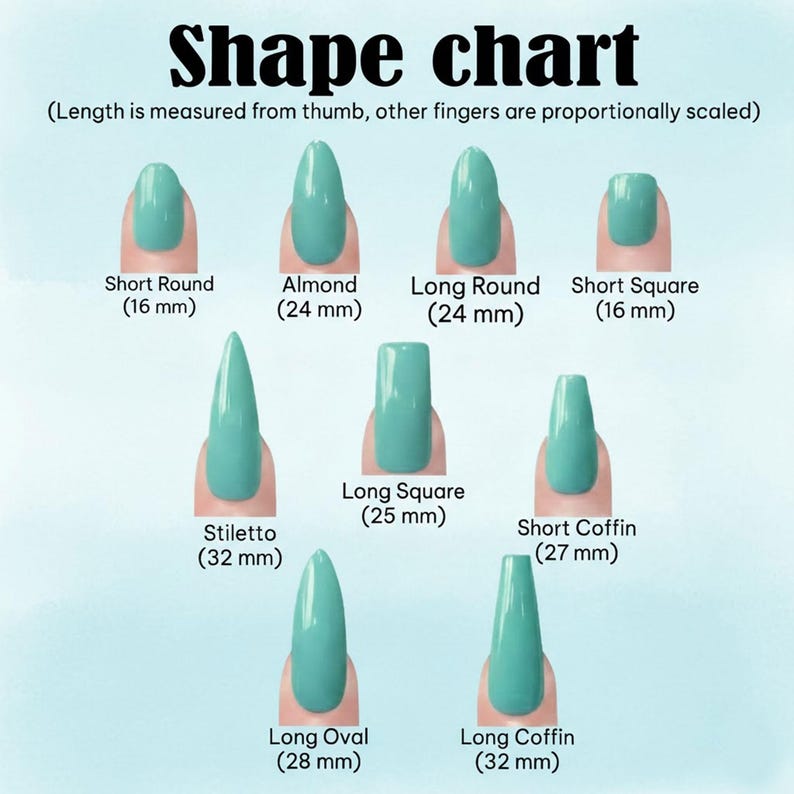 K&ouml;nnte beinhalten: Eine Nagelformtabelle mit neun t&uuml;rkisfarbenen Nagelspitzen, beschriftet als Short Round 16 mm, Almond 24 mm, Long Round 24 mm, Short Square 16 mm, Stiletto 32 mm, Long Square 25 mm, Short Coffin 27 mm, Long Oval 28 mm und Long Coffin 32 mm.