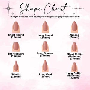 Może przedstawiać: Wykres kształt&oacute;w paznokci z dziewięcioma r&oacute;żnymi stylami: Short Round, Long Round, Almond, Short Square, Long Square, Short Coffin, Stiletto, Long Oval i Long Coffin. Długości są podane w milimetrach.