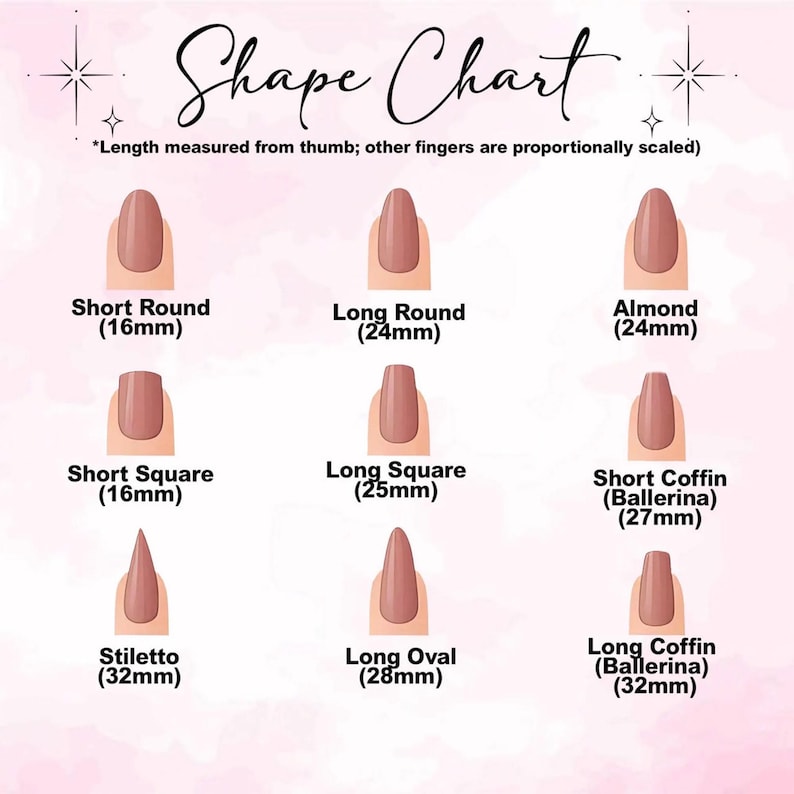 Może przedstawiać: Wykres kształt&oacute;w paznokci z dziewięcioma r&oacute;żnymi stylami: Short Round, Long Round, Almond, Short Square, Long Square, Short Coffin, Stiletto, Long Oval i Long Coffin. Długości są podane w milimetrach.