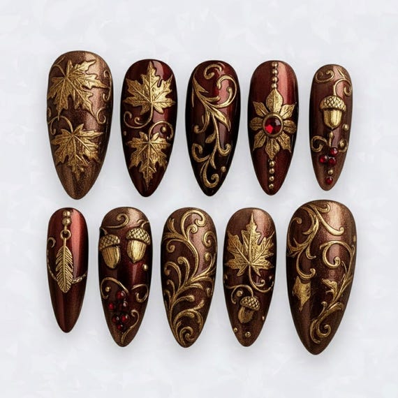 20 Fall Nail Ideas With Leaves, Plaid and Cozy Colors 7 Bronze Victorian Leaves