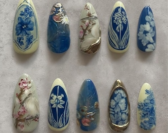 Handmade Porcelain Floral Press On Nails: Blue Blossoms & Golden Accents