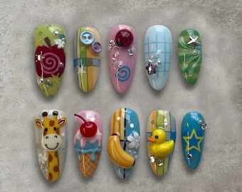 Kidcore Decora Press-On Nails – 3D Giraffe, Ducky & Cherry
