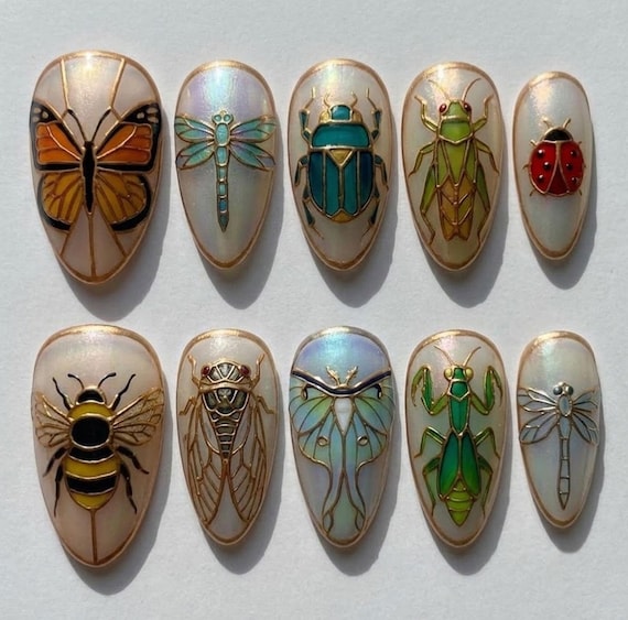 Stained Glass Entomology Press On Nails - Handmade Custom Fake Nails - Metallic Gold Luna Moth Butterfly Bee - Pearlescent Insect Art