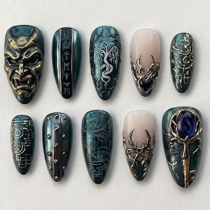 Handmade Ancient Armory Press On Nails | Luxury 3D Oni Mask & Dark Sorcery Art | Gothic Whimsigoth Aesthetic - Cursed Relic