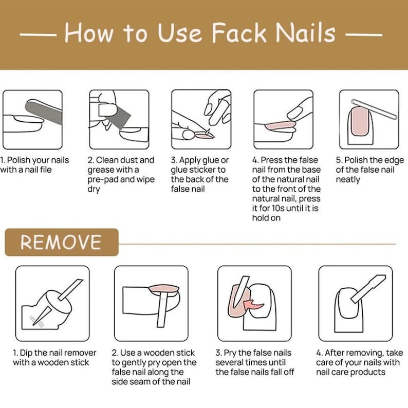 K&ouml;nnte beinhalten: Eine informative Grafik mit dem Titel How to Use Fack Nails und REMOVE, die neun schwarz-wei&szlig;e Strichzeichnungen mit Textschritten enth&auml;lt. Die Anleitung beschreibt den Anwendungs- und Entfernungsprozess f&uuml;r k&uuml;nstliche N&auml;gel mit Werkzeugen.