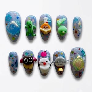 Handmade 3D Fantasy Game Press On Nails | Luxury Sculpted Character & Magic Art | Whimsical Kawaii Aesthetic, Gaming Inspired Statement Nail