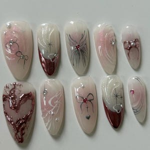 Romantic Pink Press On Nails | 3D Heart & Bow Nail Art Set | Glossy Pearl Accents | Handcrafted Feminine Nails, Elegant Soft Love Aesthetic