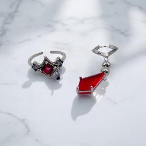 Red Gem Dainty Ring and Earrings, Anime Cosplay Earstud Earring, Anime Cosplay Adjustable Ring