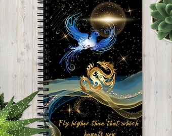Phoenix & Dragon High Fantasy Journal: Diario de salud mental, autocuidado personal, cuaderno de espiral de gratitud