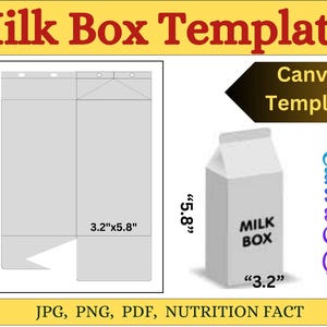 Milk box template, milk box SVG, Milk Carton Template, Milk Favor Box Svg, Printable Milk Box, Gift Box Template, Canva Milk Box Template.