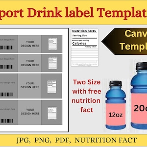 May include: A digital template for sport drink labels. The design includes space for custom text and barcodes, along with a nutrition facts section. The image also shows two blue sport drink bottles, one labeled 12oz and the other 20oz.