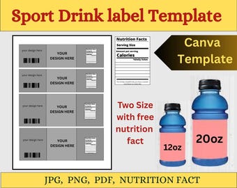 Sport Drink Label Template, Energy Drink Label, Canva Label with Free Editable Nutrition Fact, Printable Bottle Wrap, SVG Label, party favor