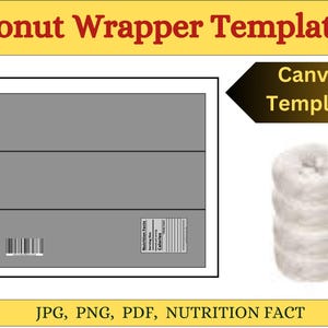 May include: A gray donut wrapper template with horizontal lines, a barcode, and a nutrition facts label. The words "Donut Wrapper Template" are in red text on a yellow background. A stack of donuts is on the right. The words "Canva Template" are in the upper right.