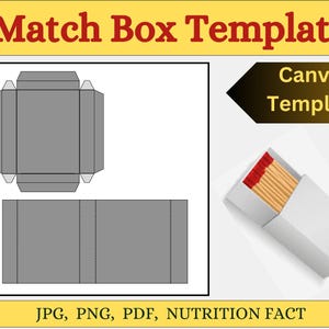 Może przedstawiać: Szablon pudełka z zapałkami z tekstem "Match Box Template" w żółtym banerze. Obraz zawiera projekt pudełka z zapałkami, szablon Canva i pudełko z zapałkami. Obraz zawiera również tekst "JPG, PNG, PDF, NUTRITION FACT".