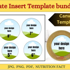 Może przedstawiać: Zestaw szablonów wkładów do talerzy z tekstem "Plate Insert Template bundle" i "Canva Template". Projekt zawiera cztery okrągłe szablony o rozmiarach 12.7cm, 15.2cm, 17.8cm i 20.3cm, każdy z miejscem na własne projekty. Formaty: JPG, PNG, PDF.
