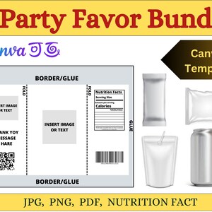 Puede incluir: Una plantilla de paquete de recuerdos de fiesta con el texto "4 Party Favor Bundle" y "Canva Template". La imagen incluye un diseño para una bolsa de recuerdos de fiesta, junto con ejemplos de una barra de bocadillos, un paquete de almohadas, una bolsa de bebida y una lata.