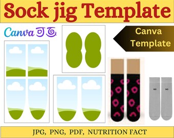 May include: A digital template for creating sock jigs. The template includes a variety of shapes, including clouds, grass, and socks. The text "Canva Template" is also included in the image.